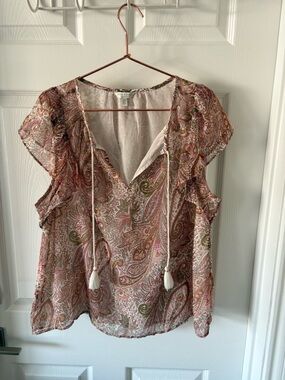 Lucky Brand Paisley Tassel V Neck Flutter Sleeve Blouse Size L
